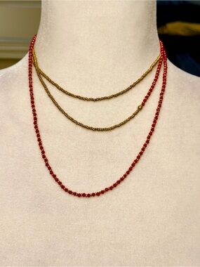 Hand Crafted Red Beaded and Gold Layered Necklace